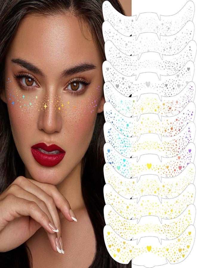 HyperFun 12Pcs Face Glitter Freckles, Face Glitter Fake Freckles Sticker, Gold Sliver Holographic Multichrome Waterproof Sparkle Freckles Makeup Patches for Women Rave Festival Accessories Party Prom - Image 1